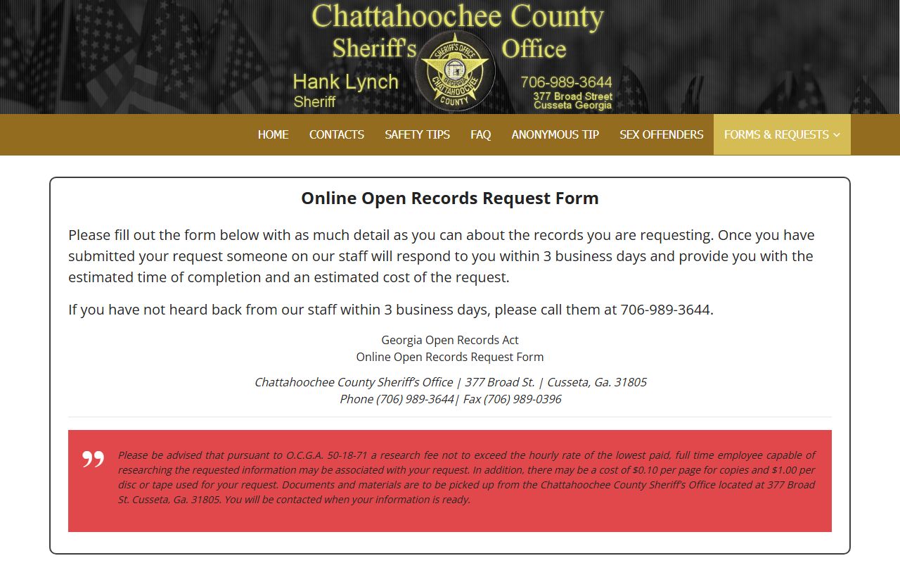 Chattahoochee County arrest records sheriff open records form