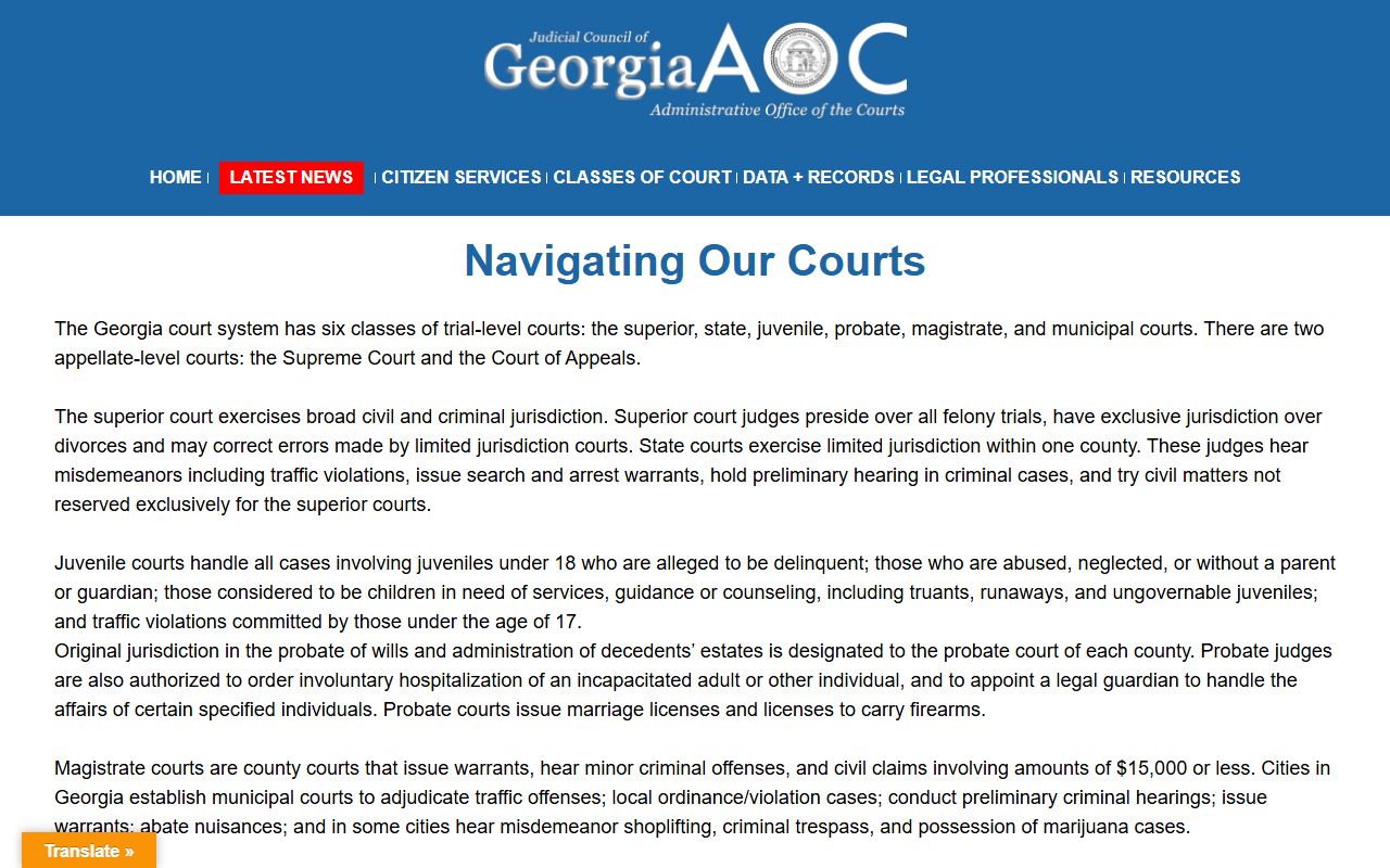 Georgia court structure overview for Superior Court and lower courts