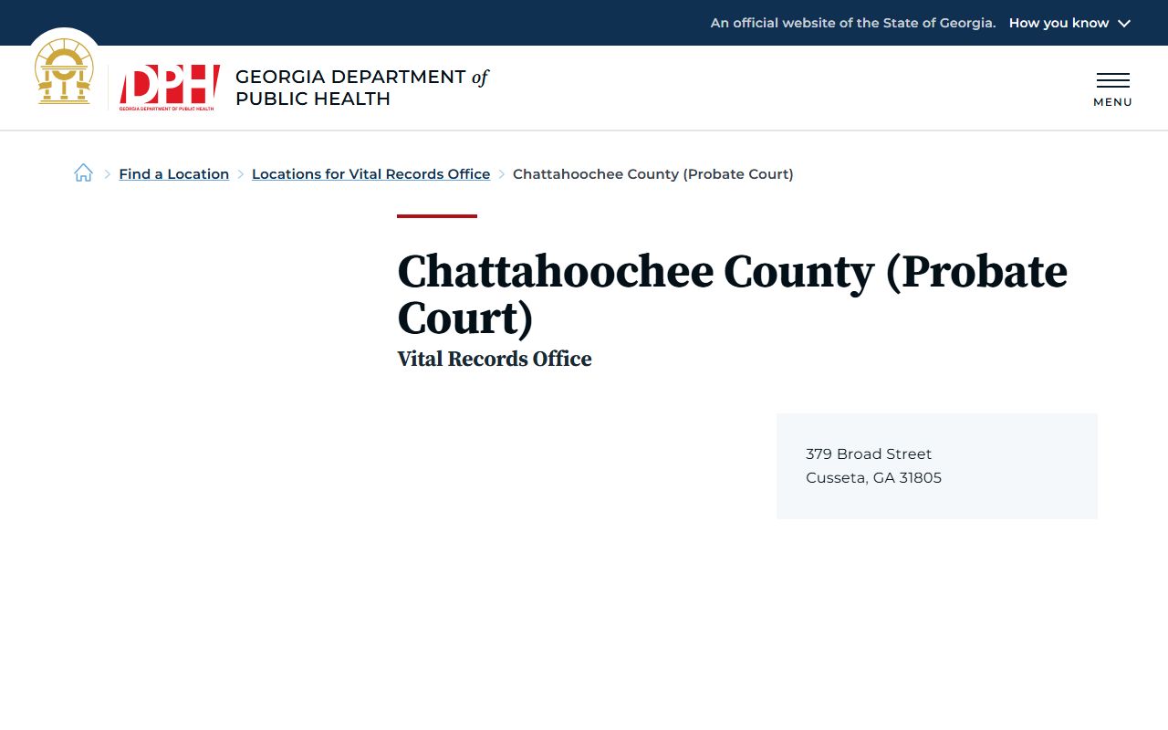Georgia DPH listing for Chattahoochee County Probate Court vital records