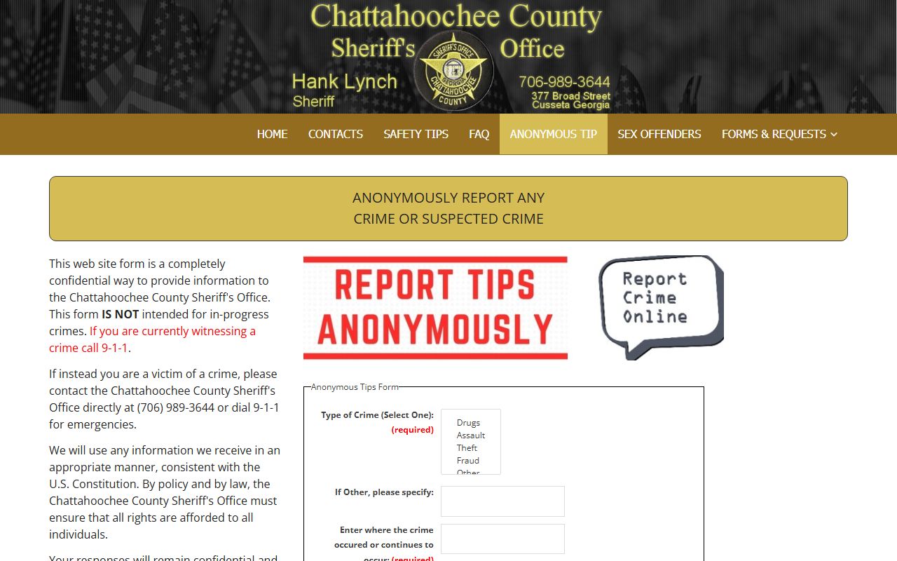 Chattahoochee County warrant records sheriff anonymous tip form