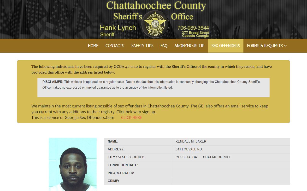 Chattahoochee County warrant records sheriff sex offender listing